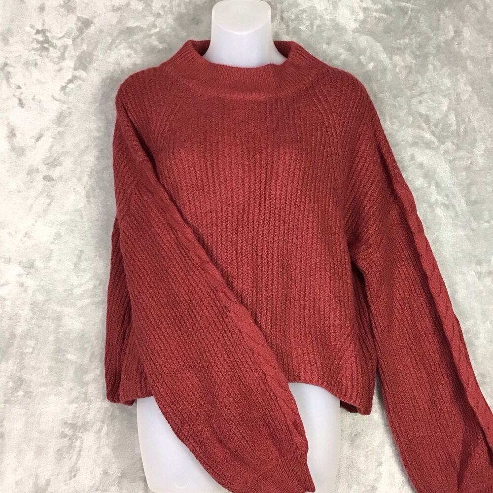 BP Women’s Red Pomegranate Cropped Cable Knit Sweater Balloon Sleeve Size L NWT